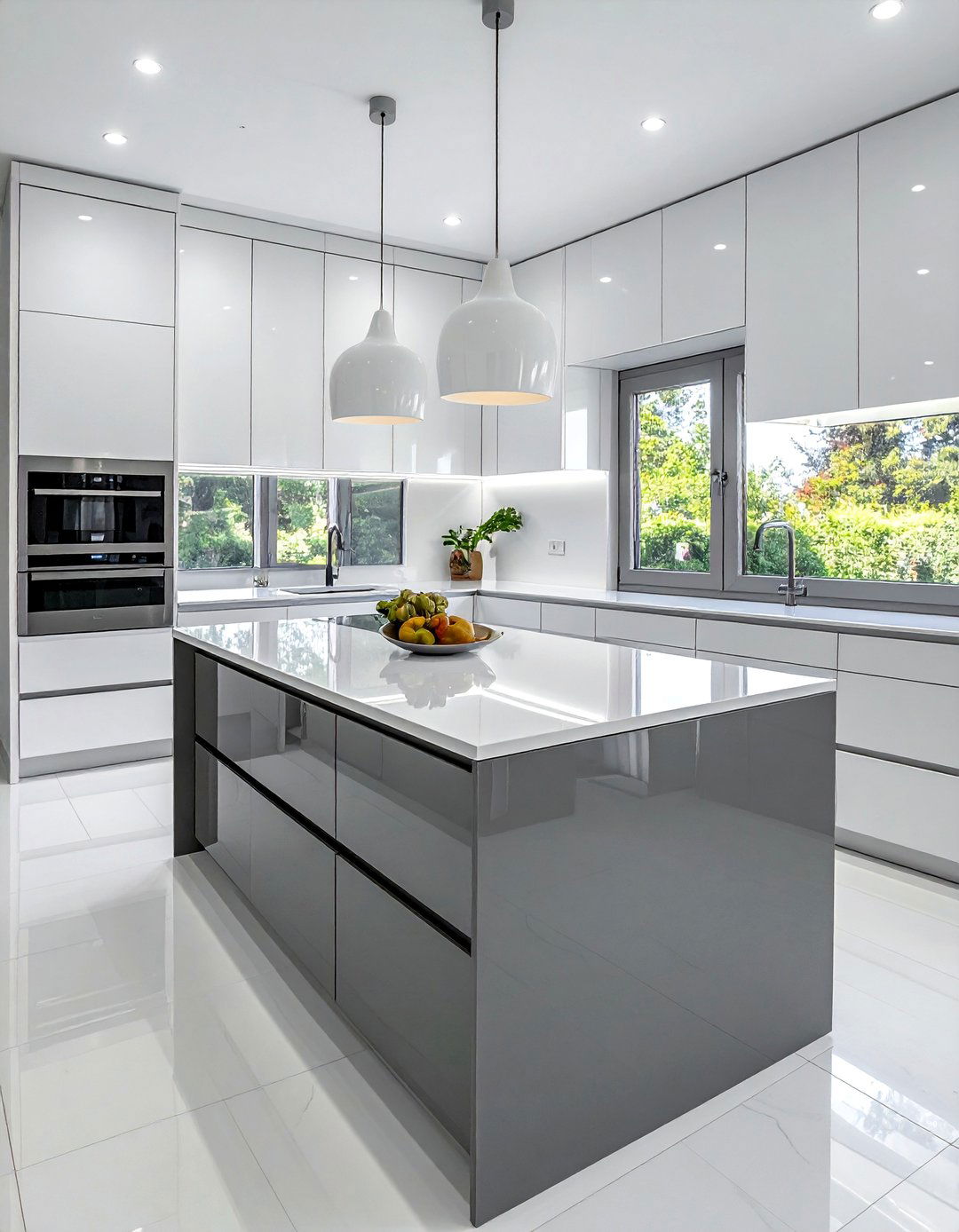 Sleek White Cabinets With a High Gloss Grey Island - 15 White Kitchen Cabinets With Grey Island Ideas