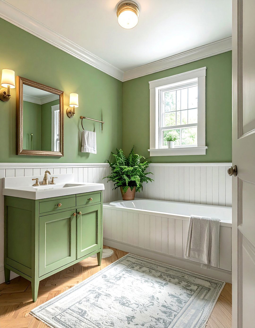 Small Green Bathroom with Beaded Board Wainscoting - 20 Small Green Bathroom Ideas for a Fresh Look