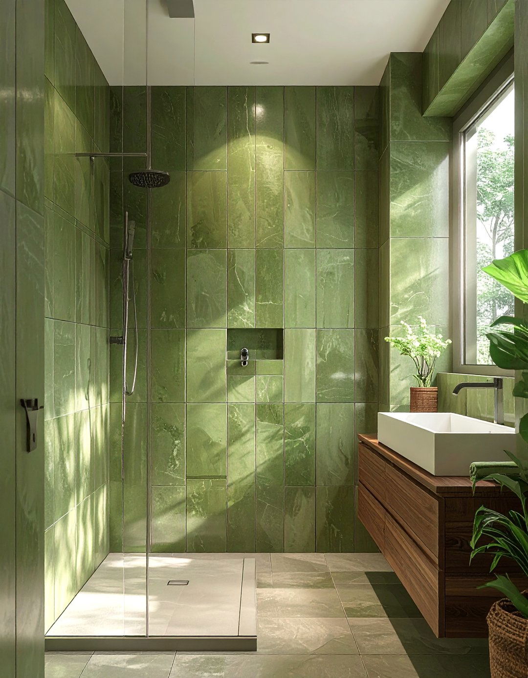 Small Green Bathroom with Vertical Stacked Tiles - 20 Small Green Bathroom Ideas for a Fresh Look