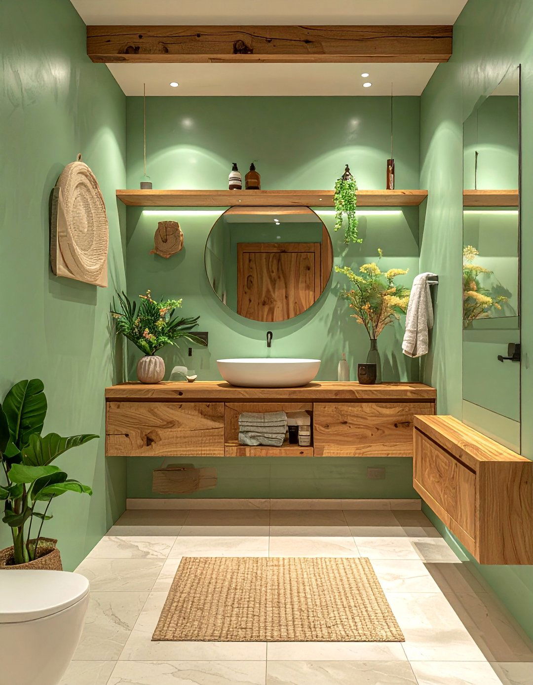 Small Green Bathroom with Wood Elements - 20 Small Green Bathroom Ideas for a Fresh Look