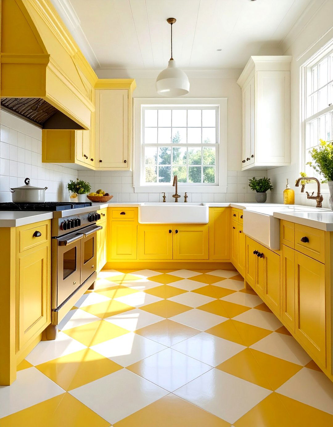 Soft Yellow and White Farmhouse Checkered Floors - 25 Kitchens With Checkered Floors for Timeless Style