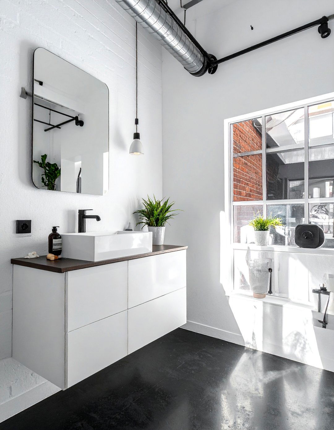 Solid Black Concrete Bathroom Floor - 20 Black Floor Bathroom Ideas with White Walls
