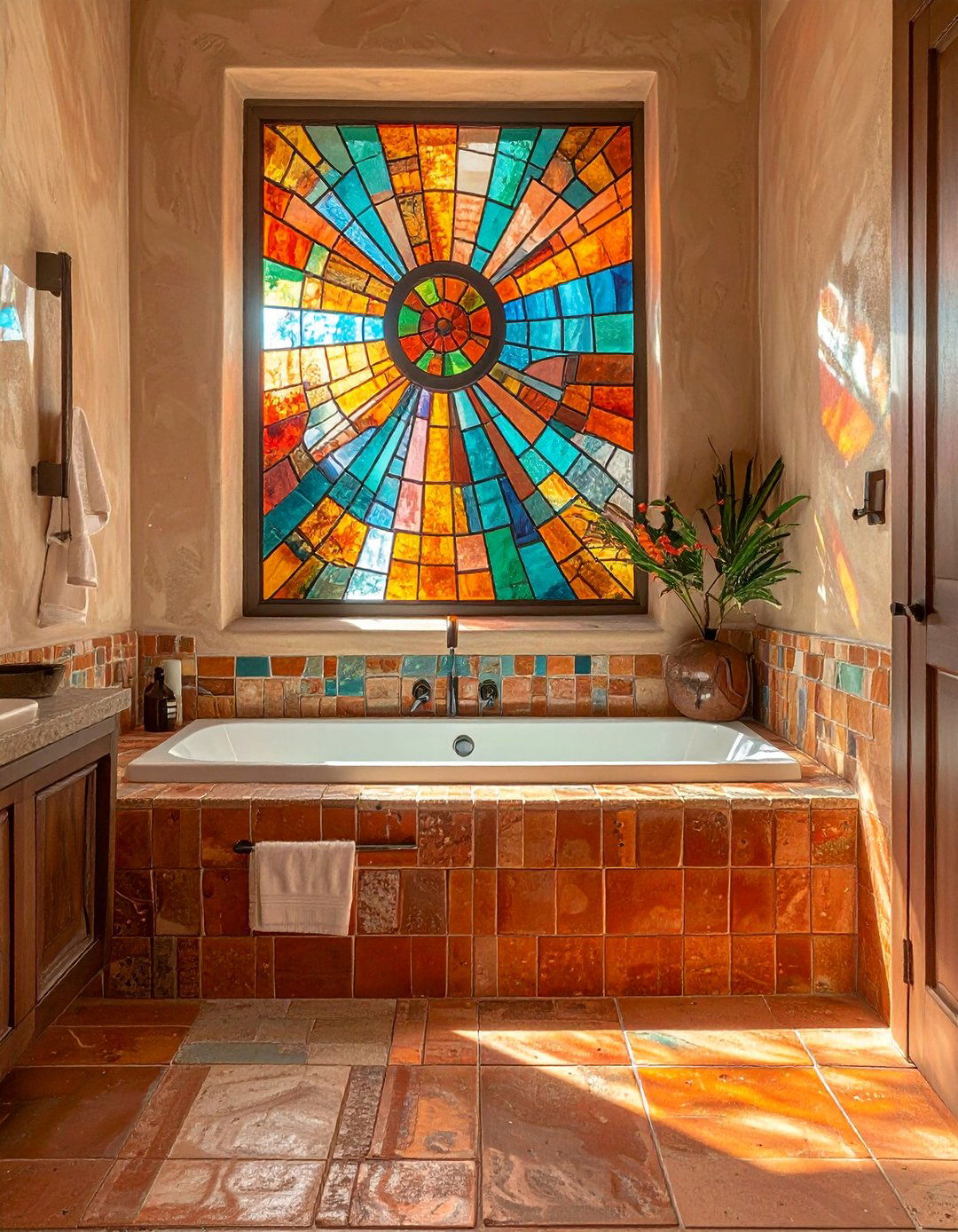 Southwestern Inspired Stained Glass with Terracotta Tones - 20 Stained Glass Bathtub Ideas for a Luxurious Bathroom