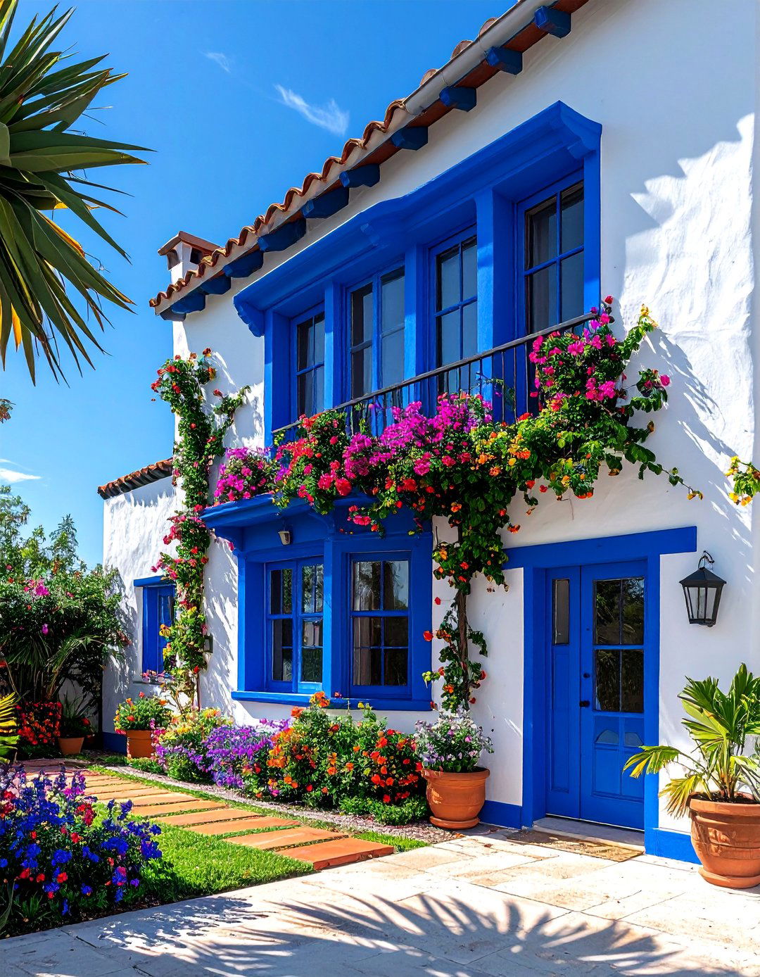 Spanish Style Home with Colorful Painted Trim - 40 Spanish Style Home Exterior Ideas for Timeless Charm