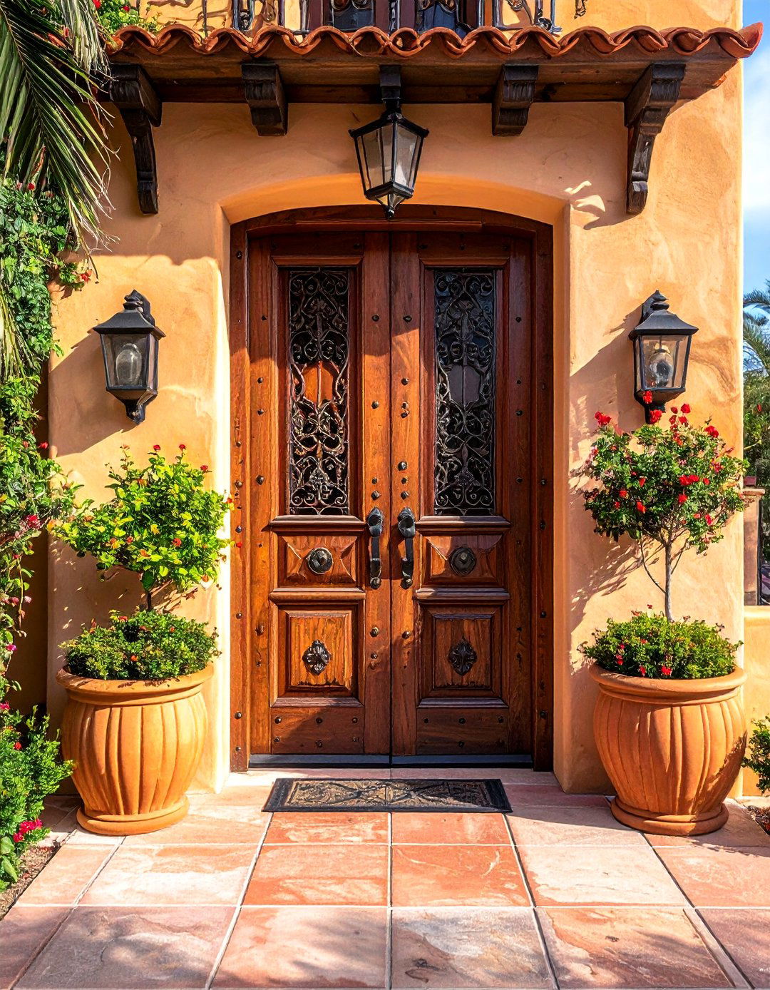 Spanish Style Home with a Carved Wooden Front Door - 40 Spanish Style Home Exterior Ideas for Timeless Charm