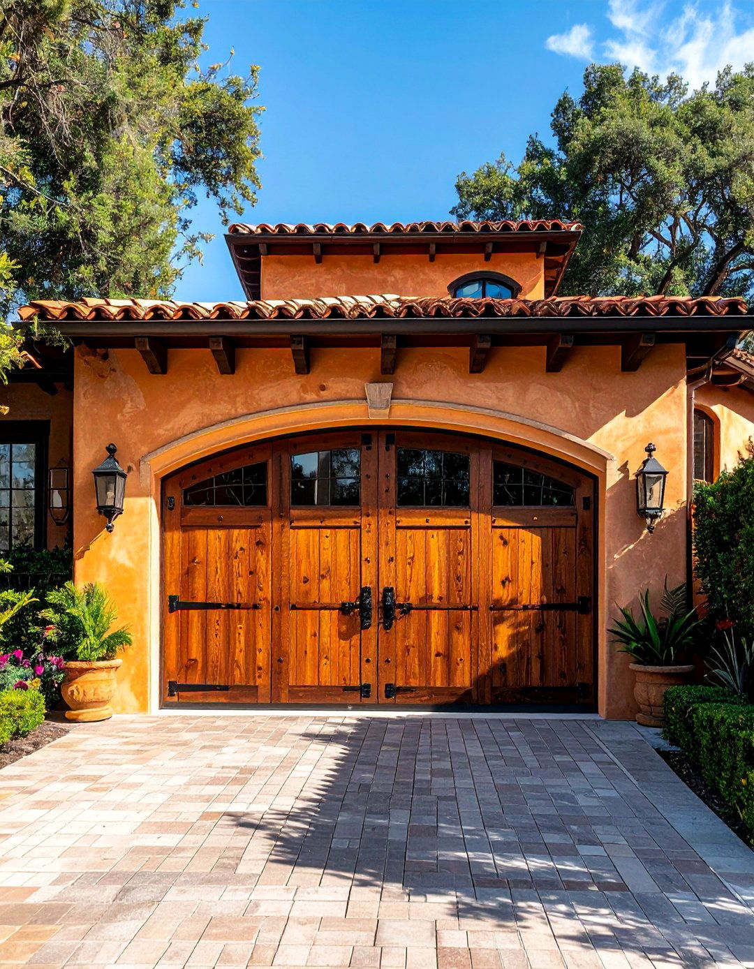 Spanish Style Home with a Heavy Wooden Garage Door - 40 Spanish Style Home Exterior Ideas for Timeless Charm