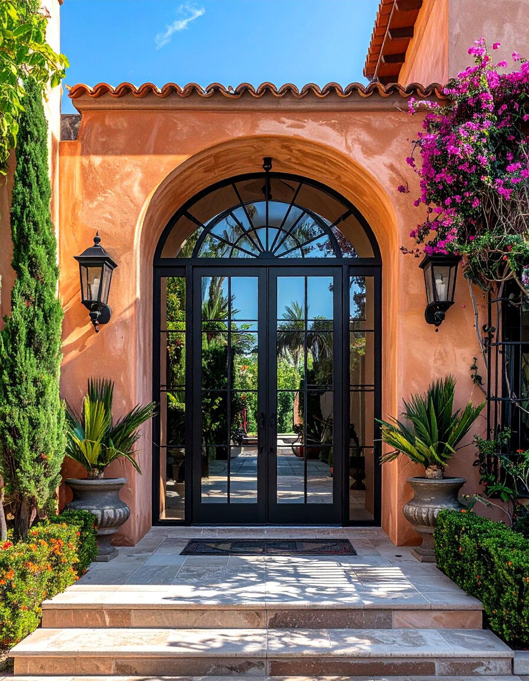 Spanish Style Home with a Modern Glass and Iron Door - 40 Spanish Style Home Exterior Ideas for Timeless Charm