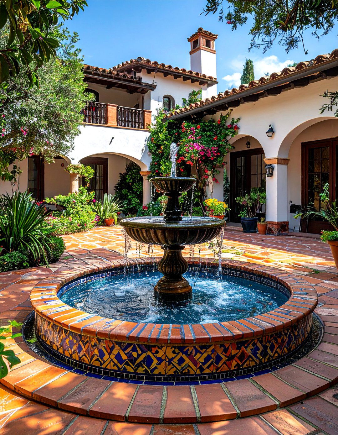 Spanish Style Home with a Tiled Courtyard Fountain - 40 Spanish Style Home Exterior Ideas for Timeless Charm