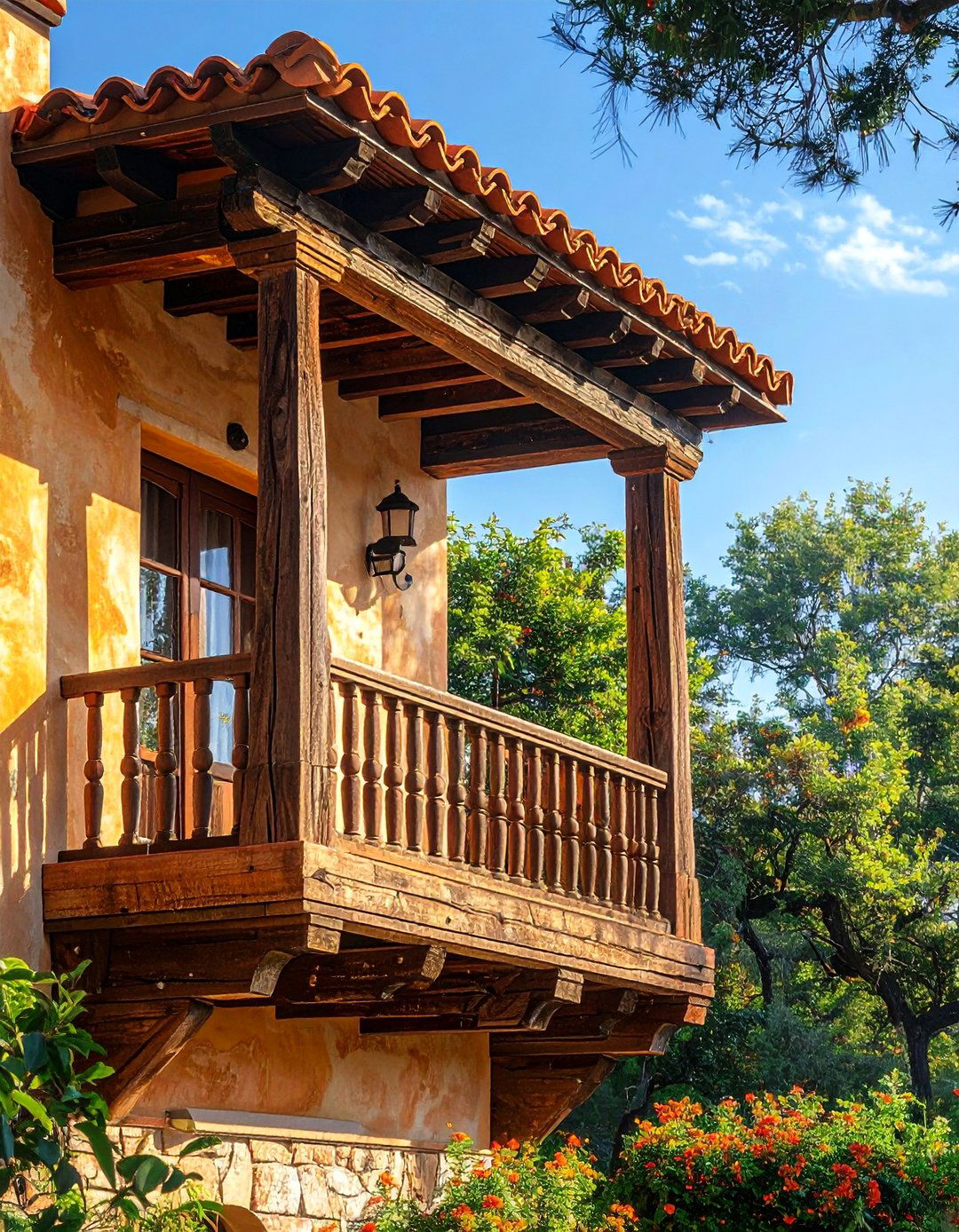 Spanish Style Home with a Wooden Balcony - 40 Spanish Style Home Exterior Ideas for Timeless Charm