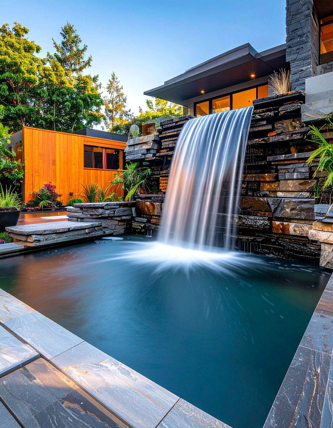Stacked Slate Waterfall Design - 15 Pondless Waterfall Ideas for Low-Maintenance Beauty