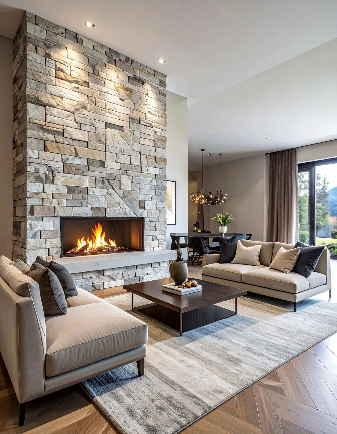 Stacked Stone Fireplace with Herringbone Pattern - 25 Stunning Stacked Stone Fireplace Design Ideas