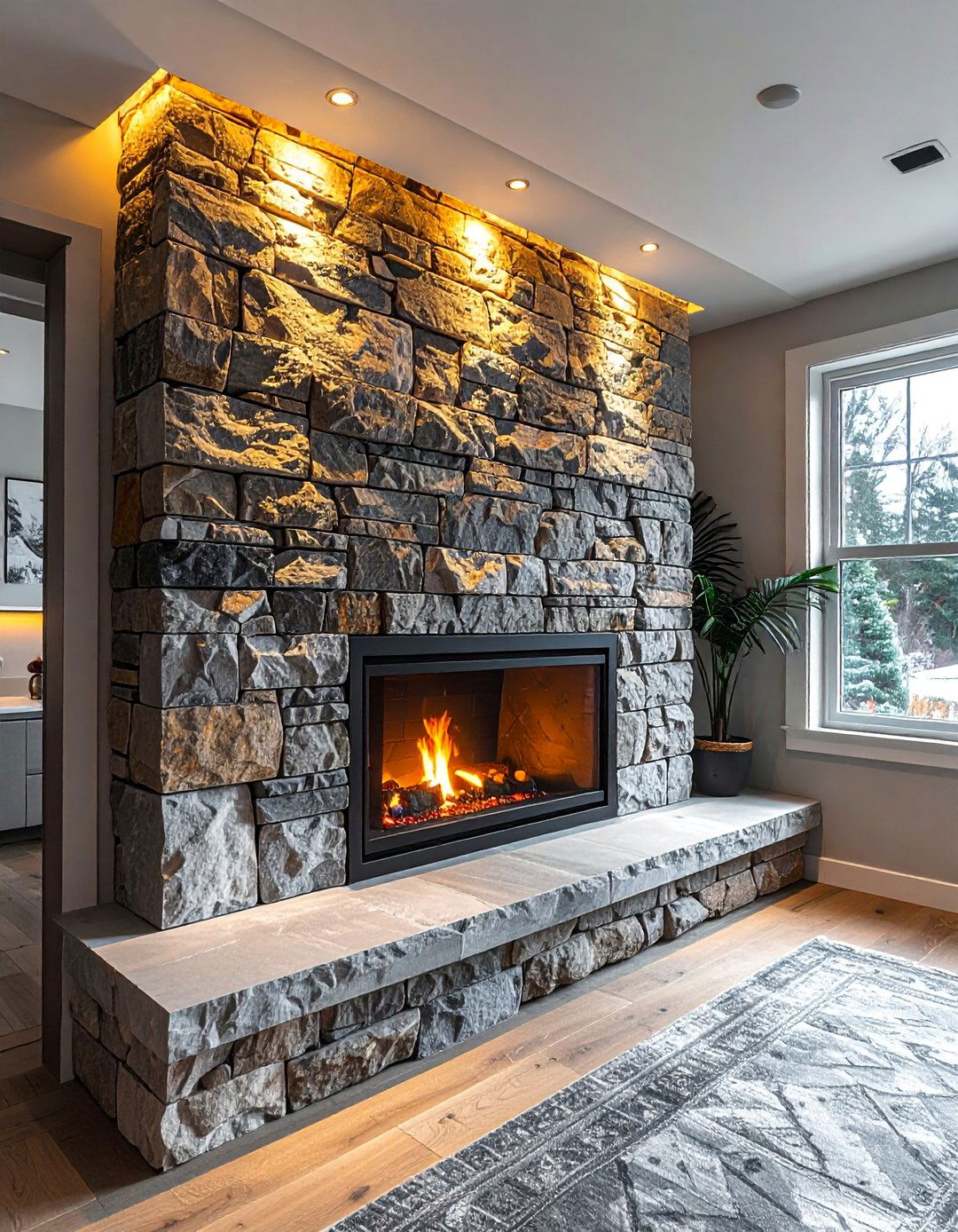 Stacked Stone Fireplace with Integrated Lighting - 25 Stunning Stacked Stone Fireplace Design Ideas
