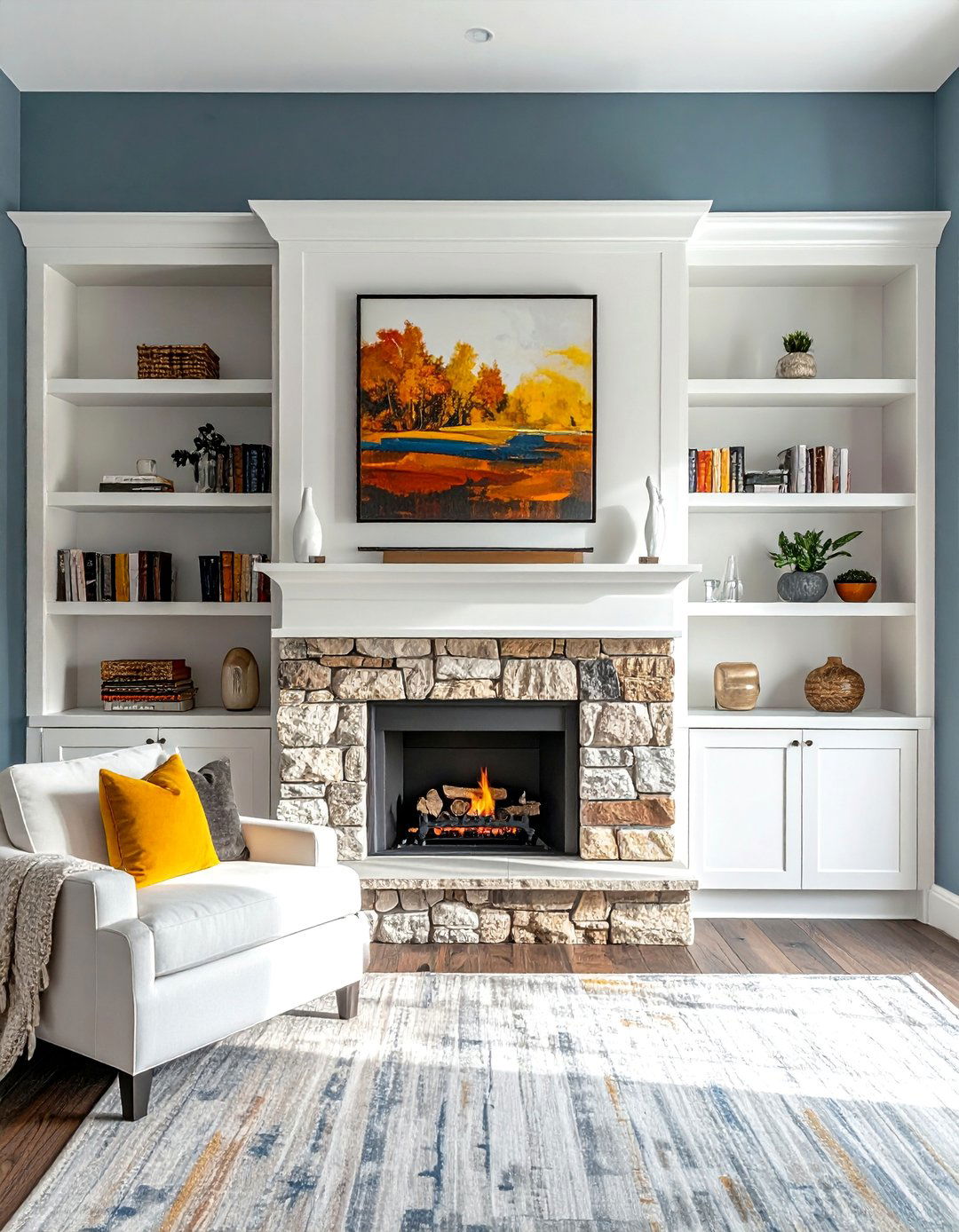 Stacked Stone Fireplace with Symmetrical Built In Shelving - 25 Stunning Stacked Stone Fireplace Design Ideas