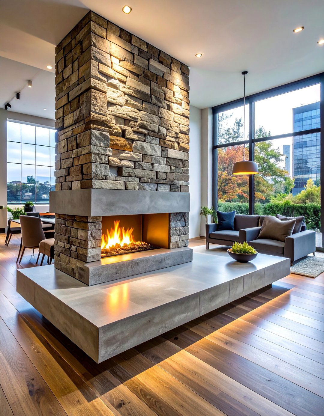 Stacked Stone Fireplace with a Minimalist Concrete Hearth - 25 Stunning Stacked Stone Fireplace Design Ideas