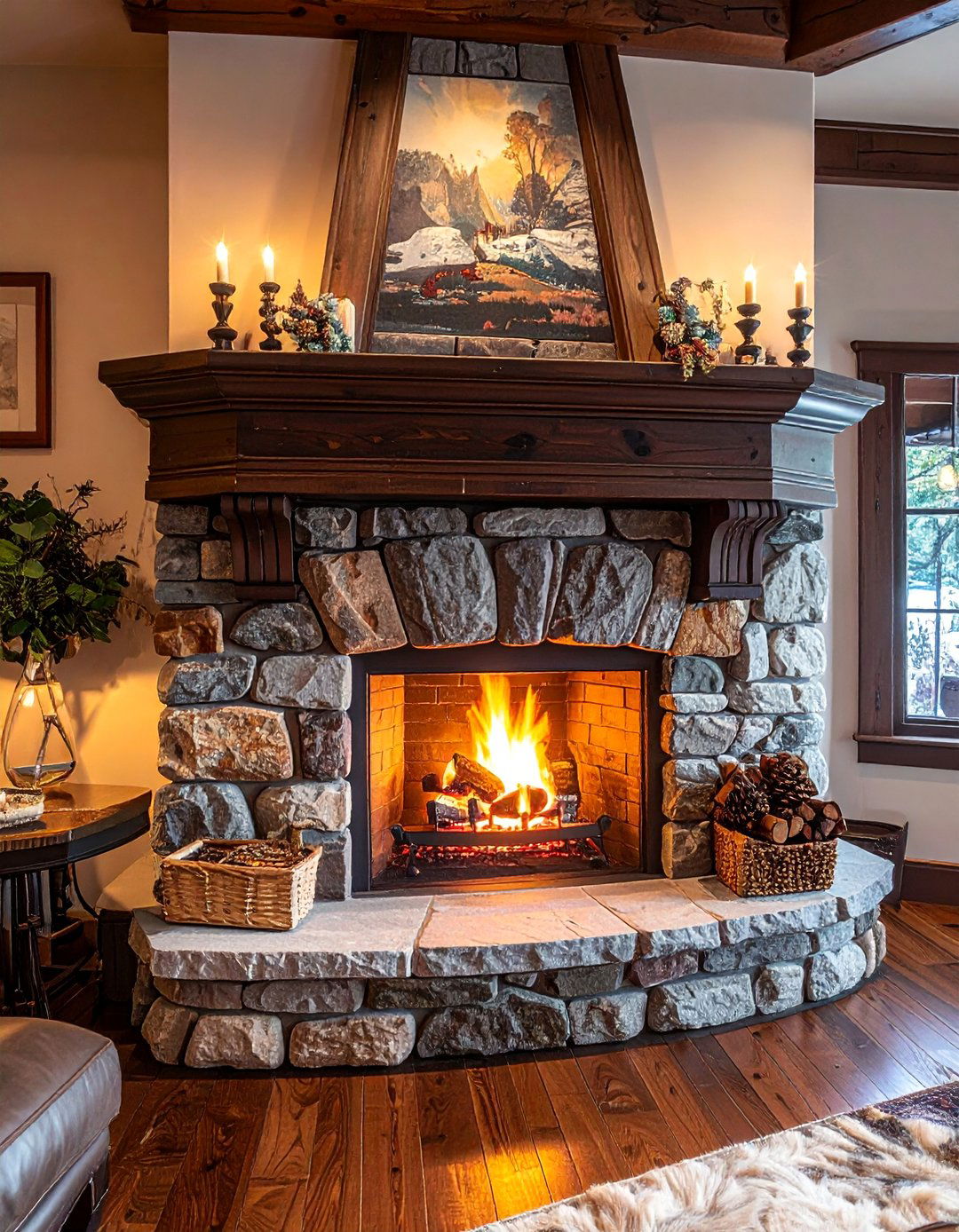 Stacked Stone Fireplace with a Wraparound Mantel - 25 Stunning Stacked Stone Fireplace Design Ideas