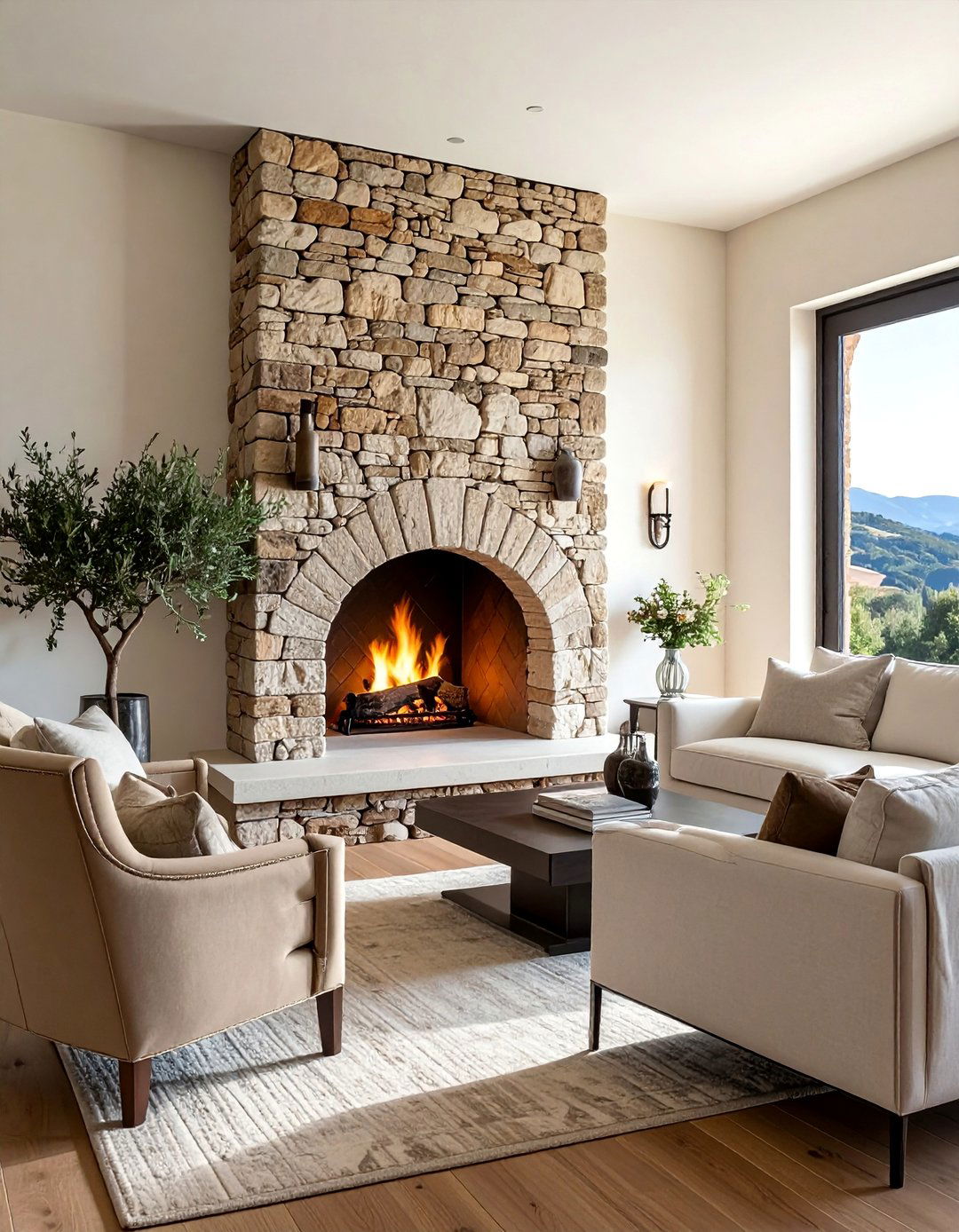 Stacked Stone Fireplace with an Arched Opening