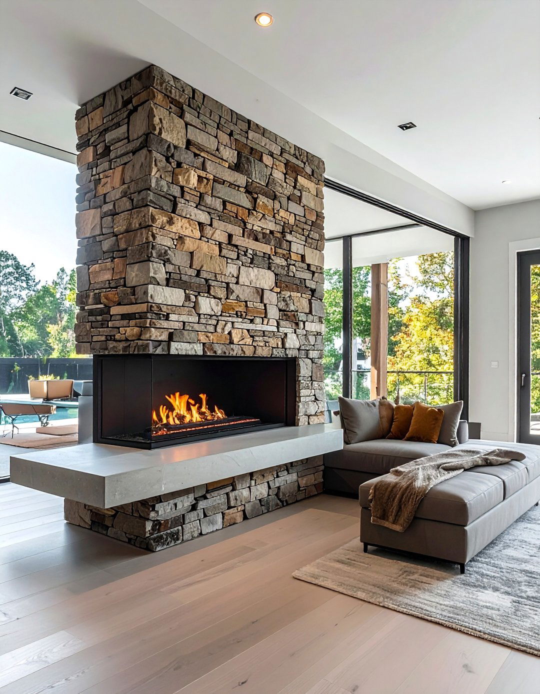 Stacked Stone Fireplace with an Asymmetrical Design - 25 Stunning Stacked Stone Fireplace Design Ideas