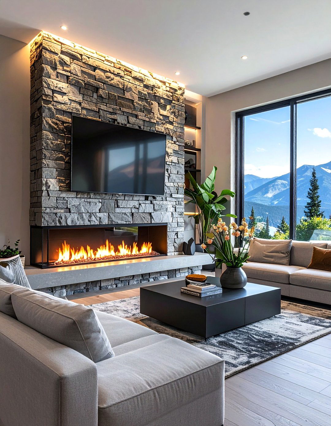 Stacked Stone Fireplace with an Integrated Television Niche - 25 Stunning Stacked Stone Fireplace Design Ideas