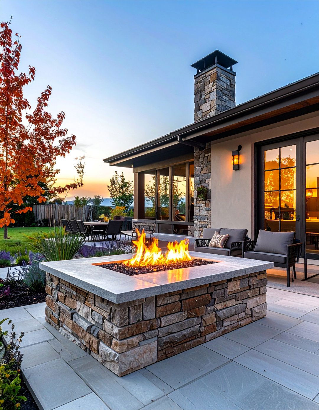Stacked Stone Patio with Elevated Fire Table - 25 Stone Patio with Fire Pit Ideas for Outdoor Fun