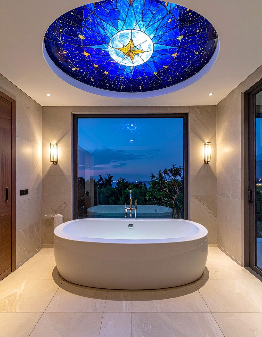 Stained Glass Ceiling Panel Above a Sunken Bathtub - 20 Stained Glass Bathtub Ideas for a Luxurious Bathroom