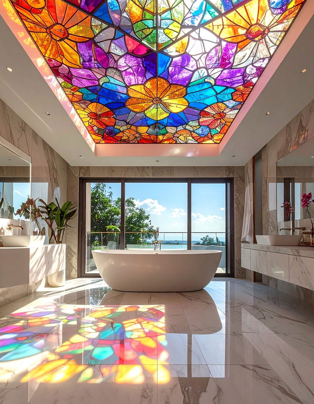 Stained Glass Skylight Directly Above a Centerpiece Bathtub - 20 Stained Glass Bathtub Ideas for a Luxurious Bathroom
