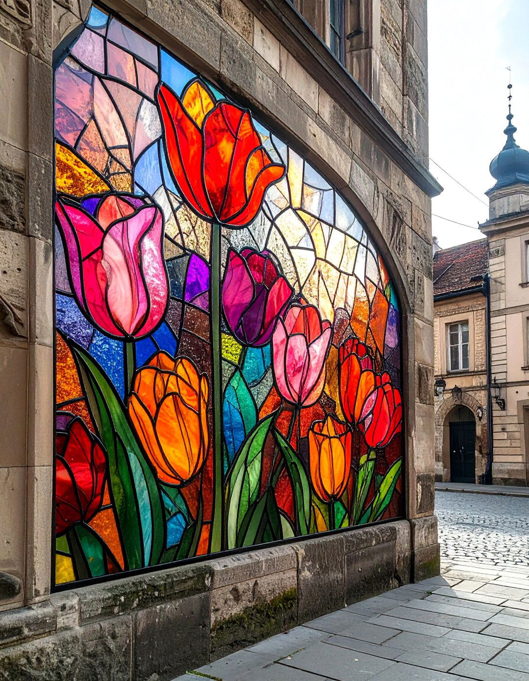 Stained Glass Style Tulip Flower Mural on a Building - 15 Flower Murals on Buildings Ideas for Urban Beauty