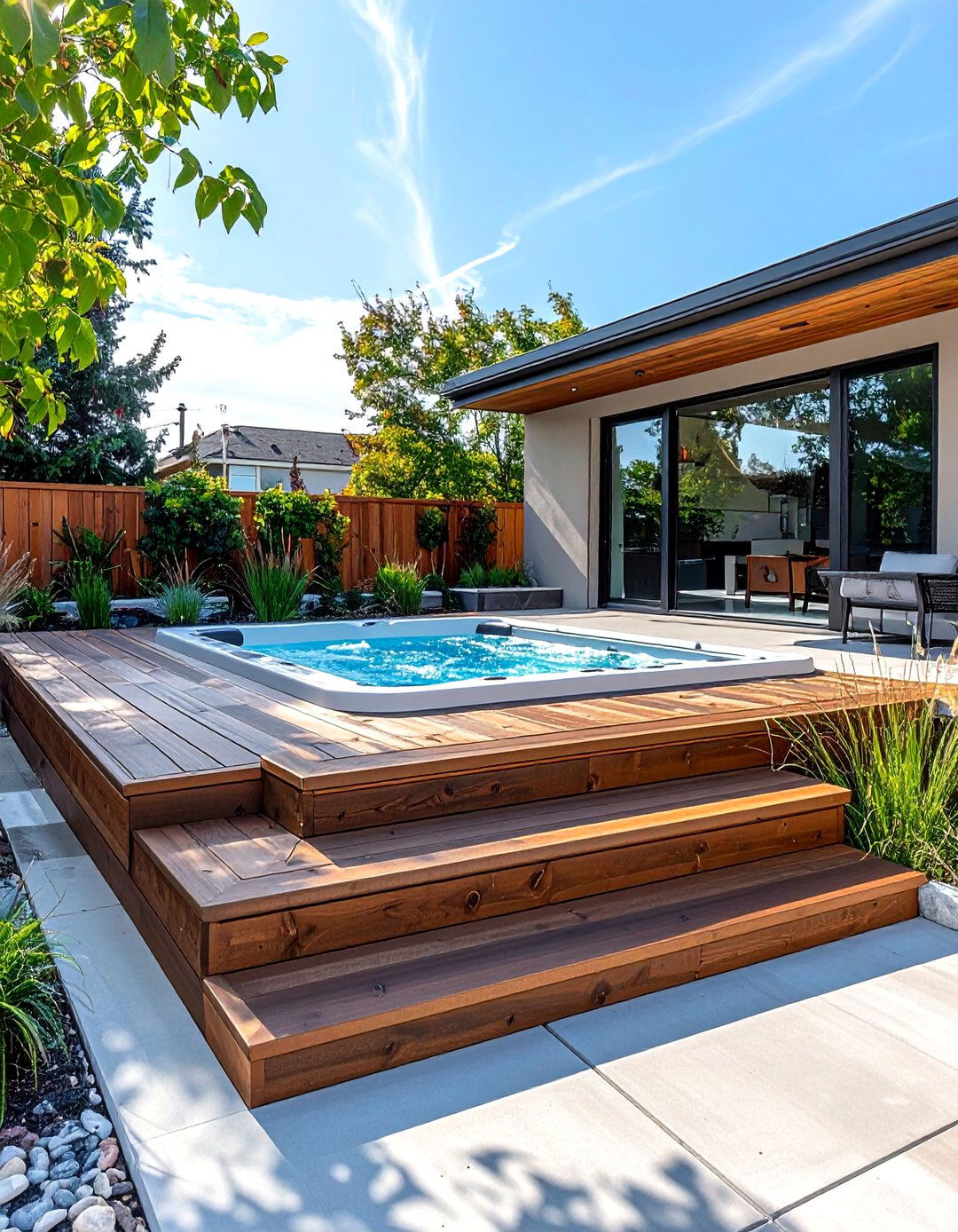 Stamped Concrete Patio with Hot Tub Surround - 40 Stamped Concrete Patio Ideas for Stylish Outdoor Spaces