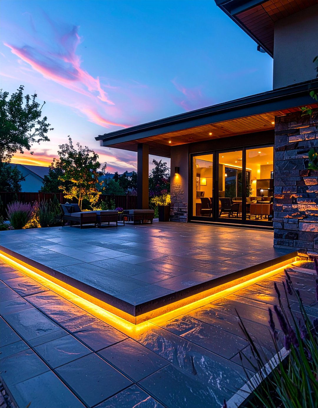 Stamped Concrete Patio with In Floor Lighting - 40 Stamped Concrete Patio Ideas for Stylish Outdoor Spaces