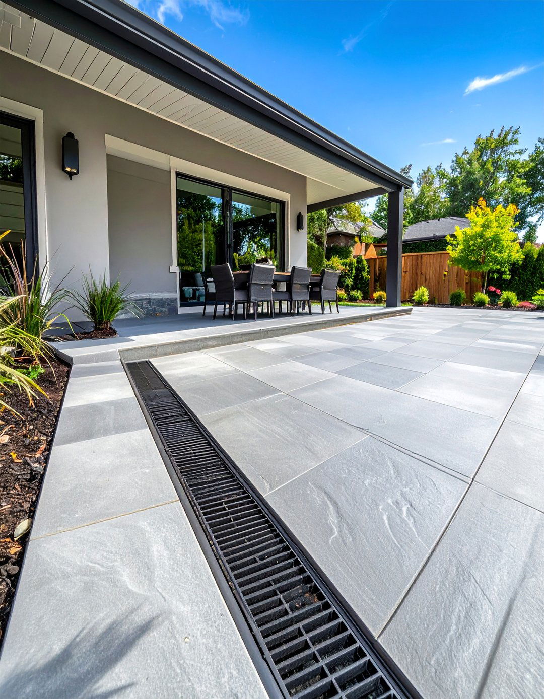 Stamped Concrete Patio with Integrated Drainage - 40 Stamped Concrete Patio Ideas for Stylish Outdoor Spaces