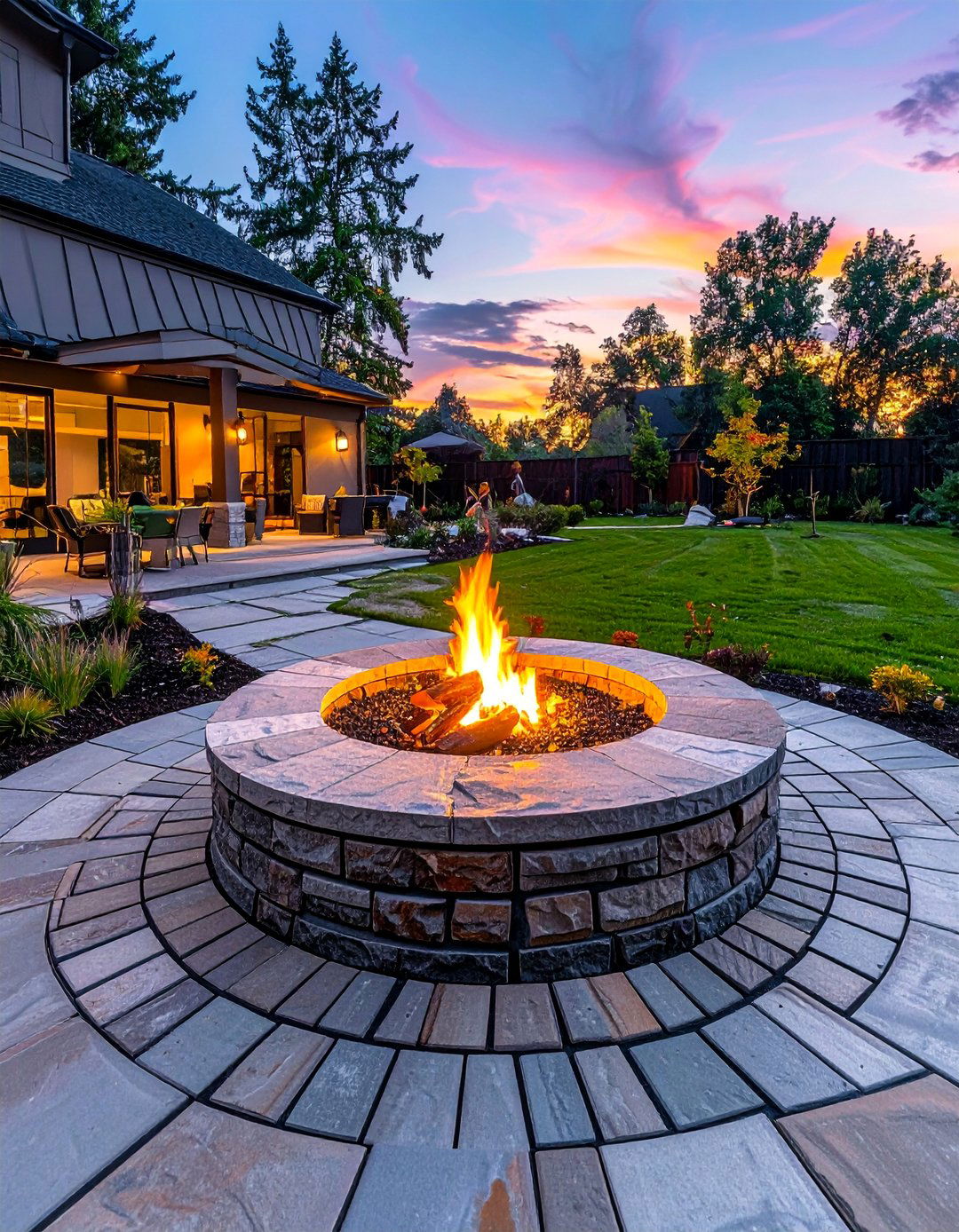 Stamped Concrete Patio with Integrated Fire Pit - 40 Stamped Concrete Patio Ideas for Stylish Outdoor Spaces