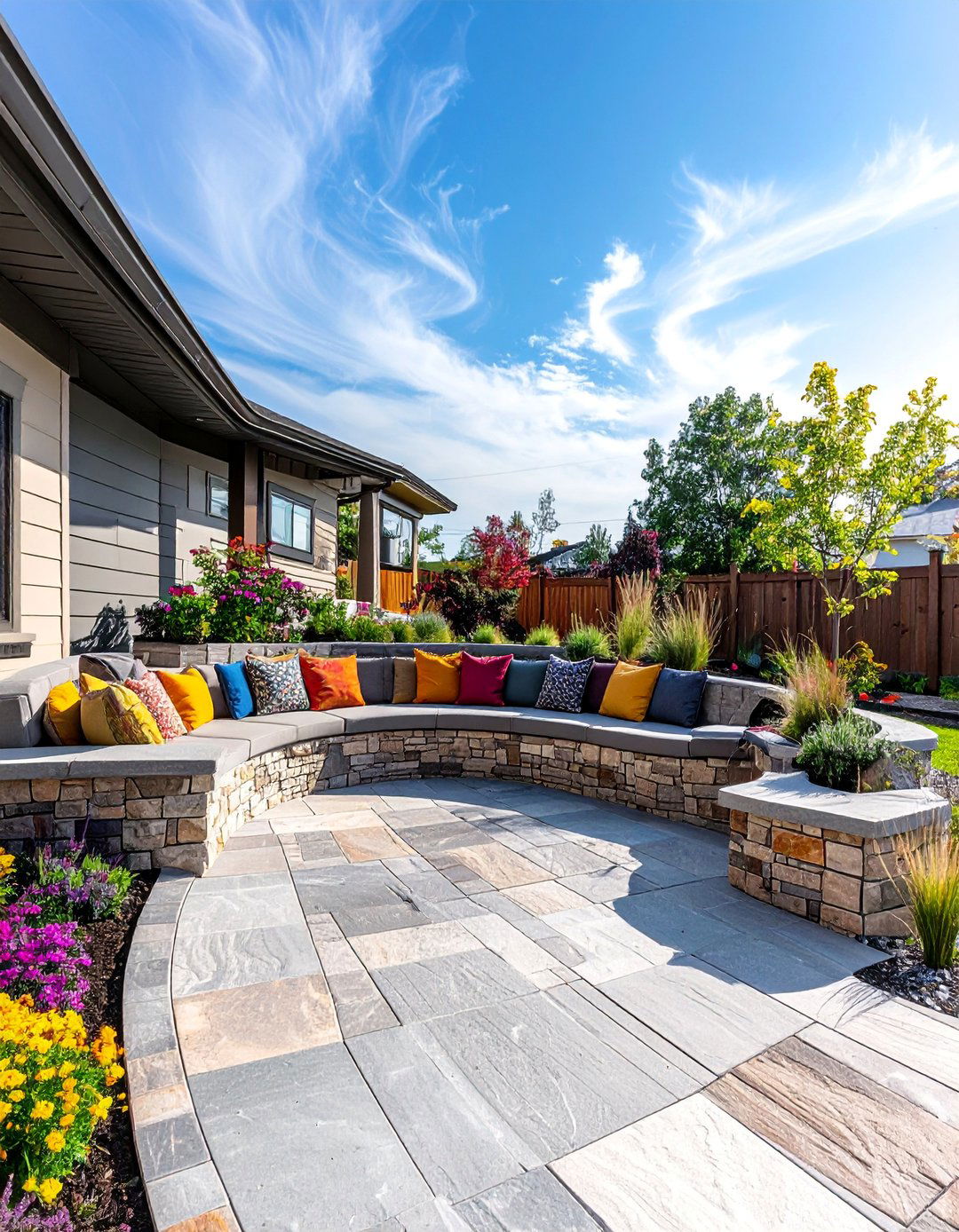 Stamped Concrete Patio with Integrated Seating Wall - 40 Stamped Concrete Patio Ideas for Stylish Outdoor Spaces
