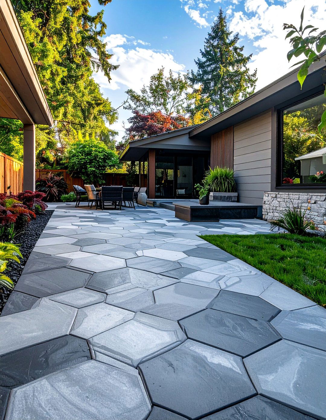 Stamped Concrete Patio with a Geometric Pattern - 40 Stamped Concrete Patio Ideas for Stylish Outdoor Spaces