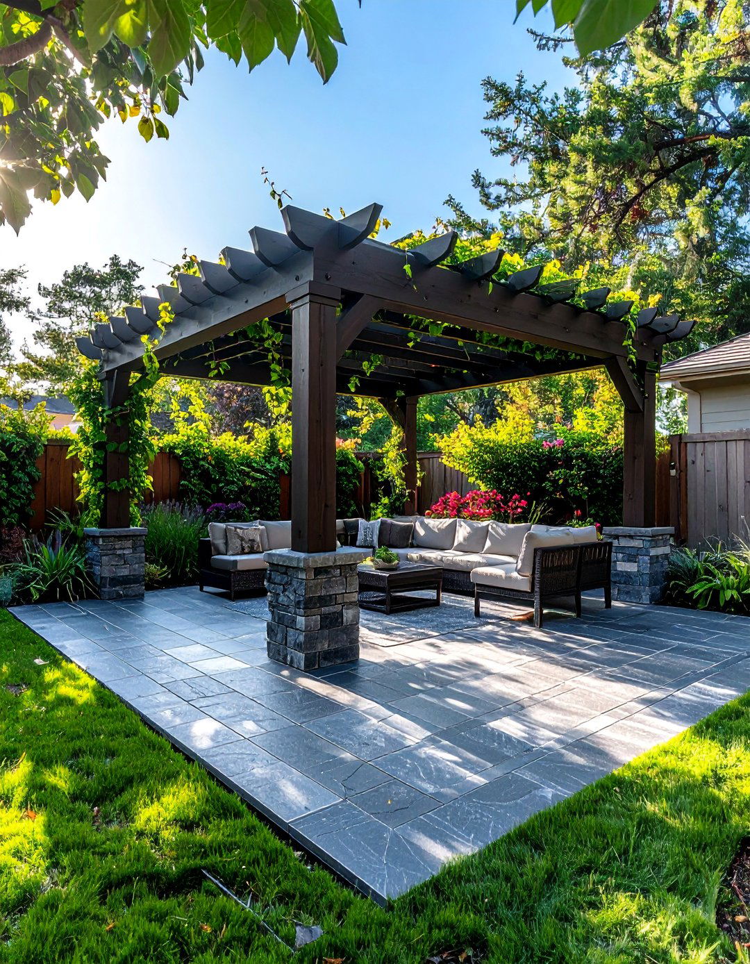 Stamped Concrete Patio with a Pergola Base - 40 Stamped Concrete Patio Ideas for Stylish Outdoor Spaces