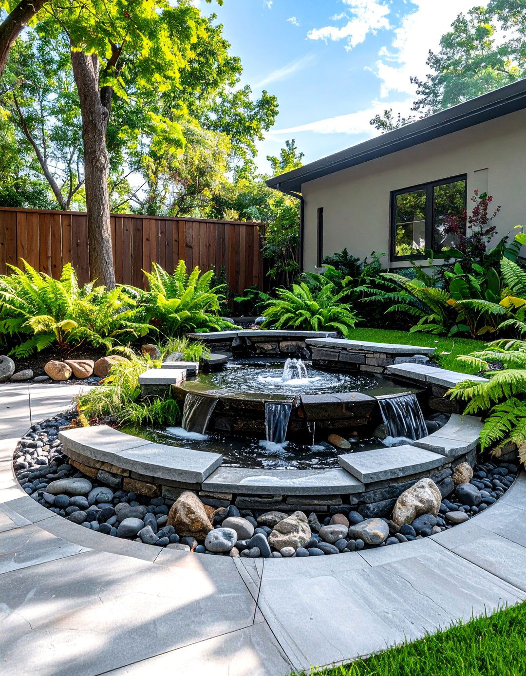 Stamped Concrete Patio with an Integrated Water Feature - 40 Stamped Concrete Patio Ideas for Stylish Outdoor Spaces