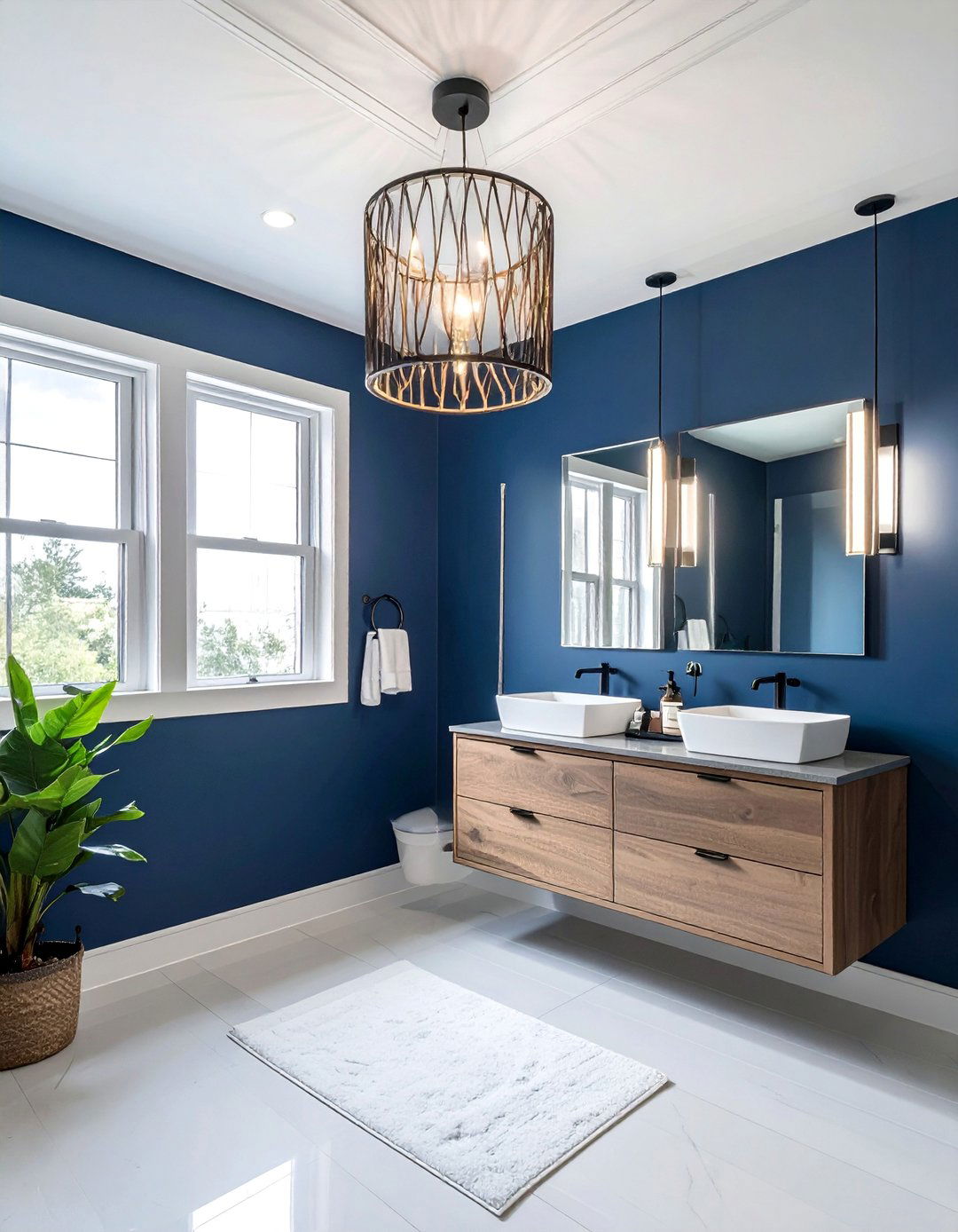 Statement Pendant Light Feature - 15 Navy Blue Powder Room Ideas for a Chic Space