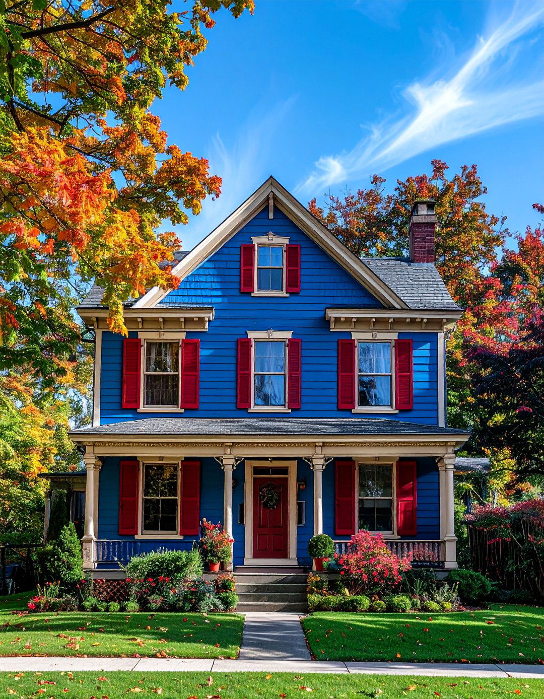 Steel Blue Victorian House with Brick Red Accents - 15 Blue Victorian House Colors for Timeless Charm