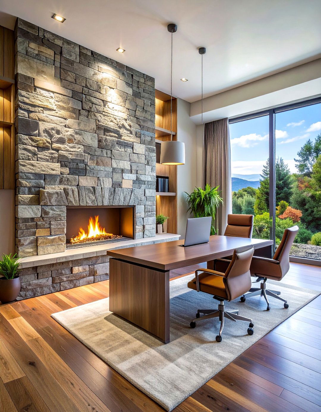 Stone Accent Wall Fireplace - 15 Home Offices With Fireplaces for Cozy Workspaces