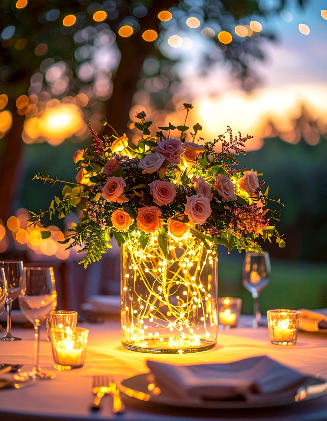 String Light Accents - 30 Rehearsal Dinner Centerpiece Ideas for a Memorable Event