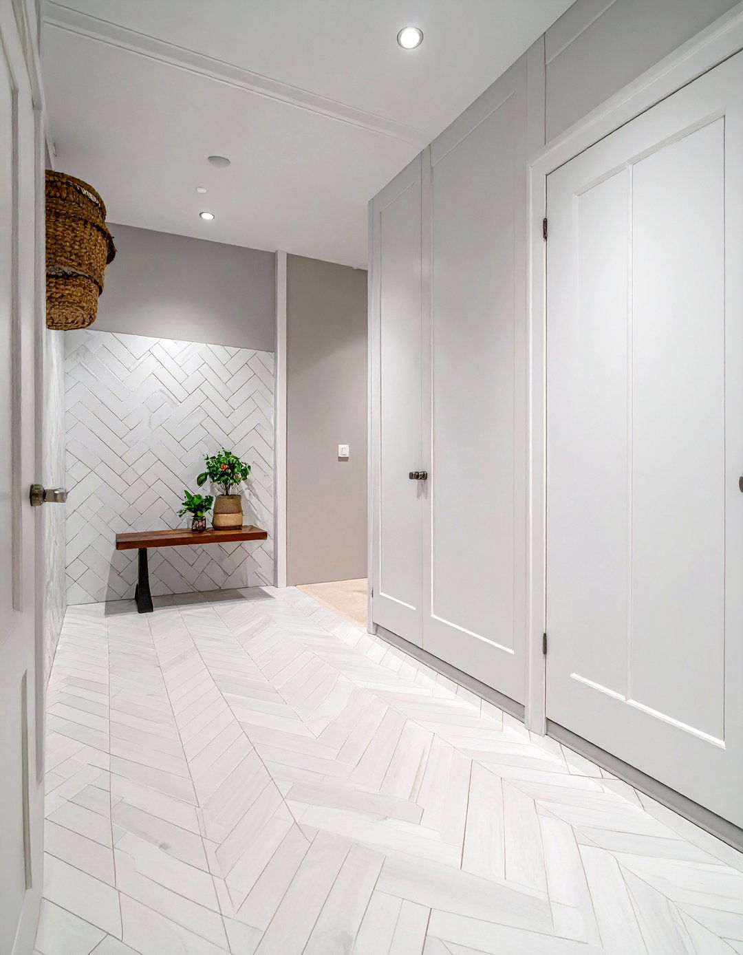 Subway Tile Herringbone Layout - 15 Mudroom Tile Floor Ideas for Durability & Style
