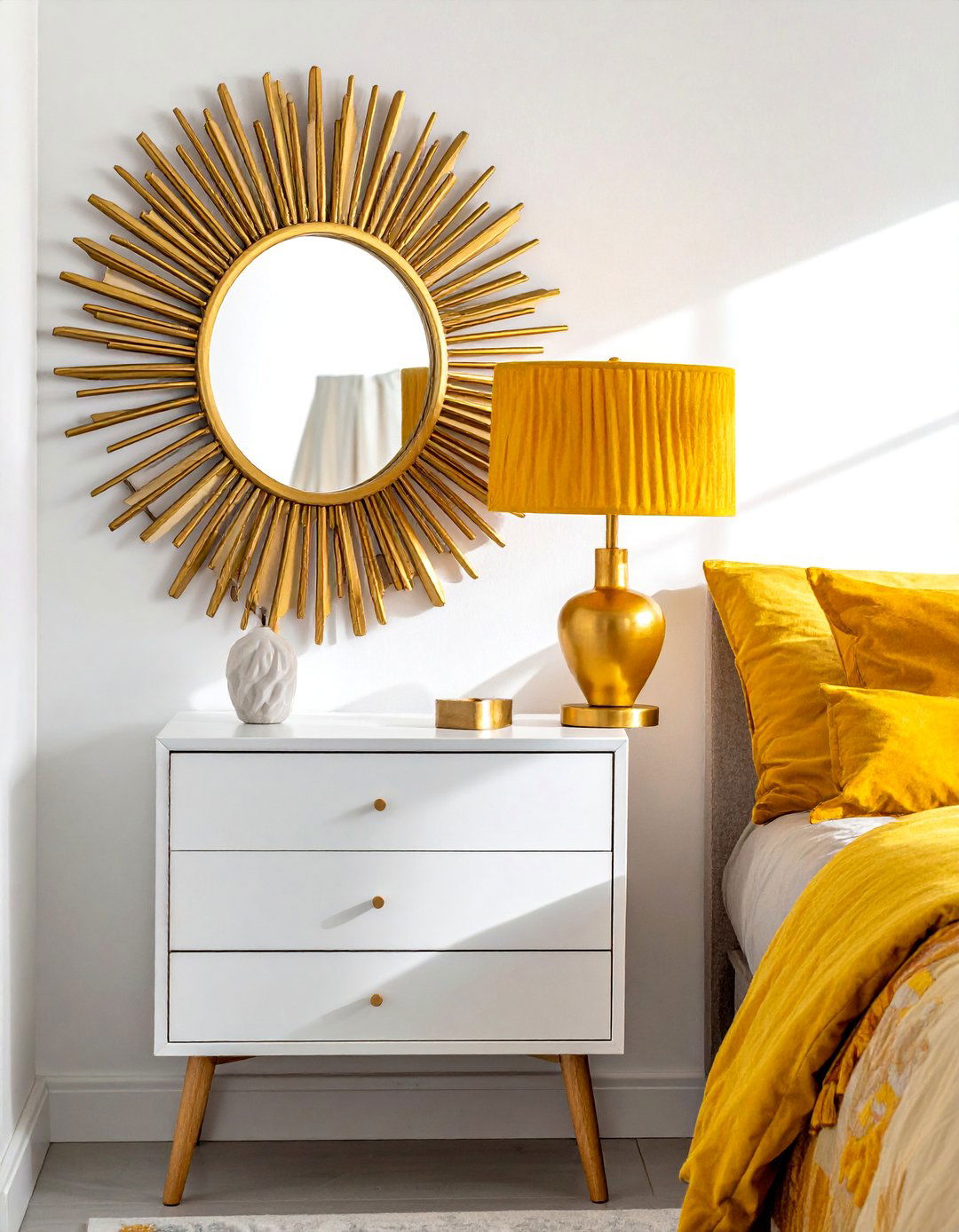 Sunburst Mirror Mid Century Glamour - 15 Mirror Behind Nightstand Design Ideas for Style