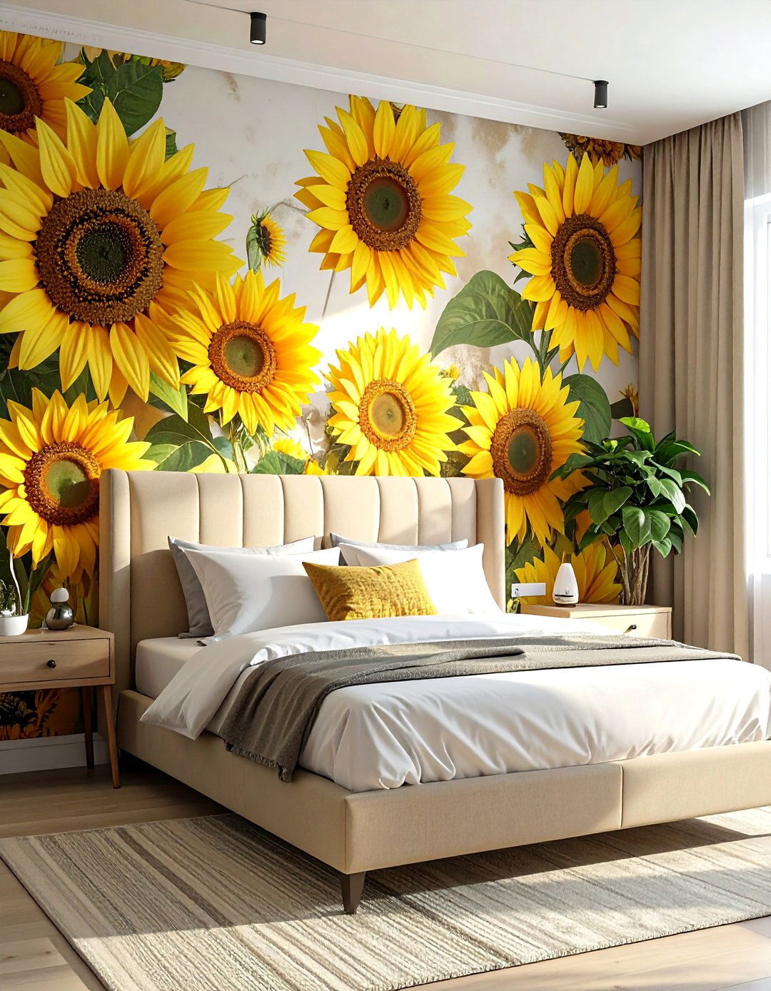 Sunflower Accent Wall with Bold Wallpaper - 15 Sunflower Bedroom Ideas to Brighten Your Space