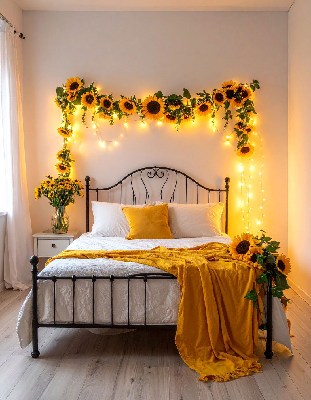 Sunflower Garland and Fairy Lights - 15 Sunflower Bedroom Ideas to Brighten Your Space
