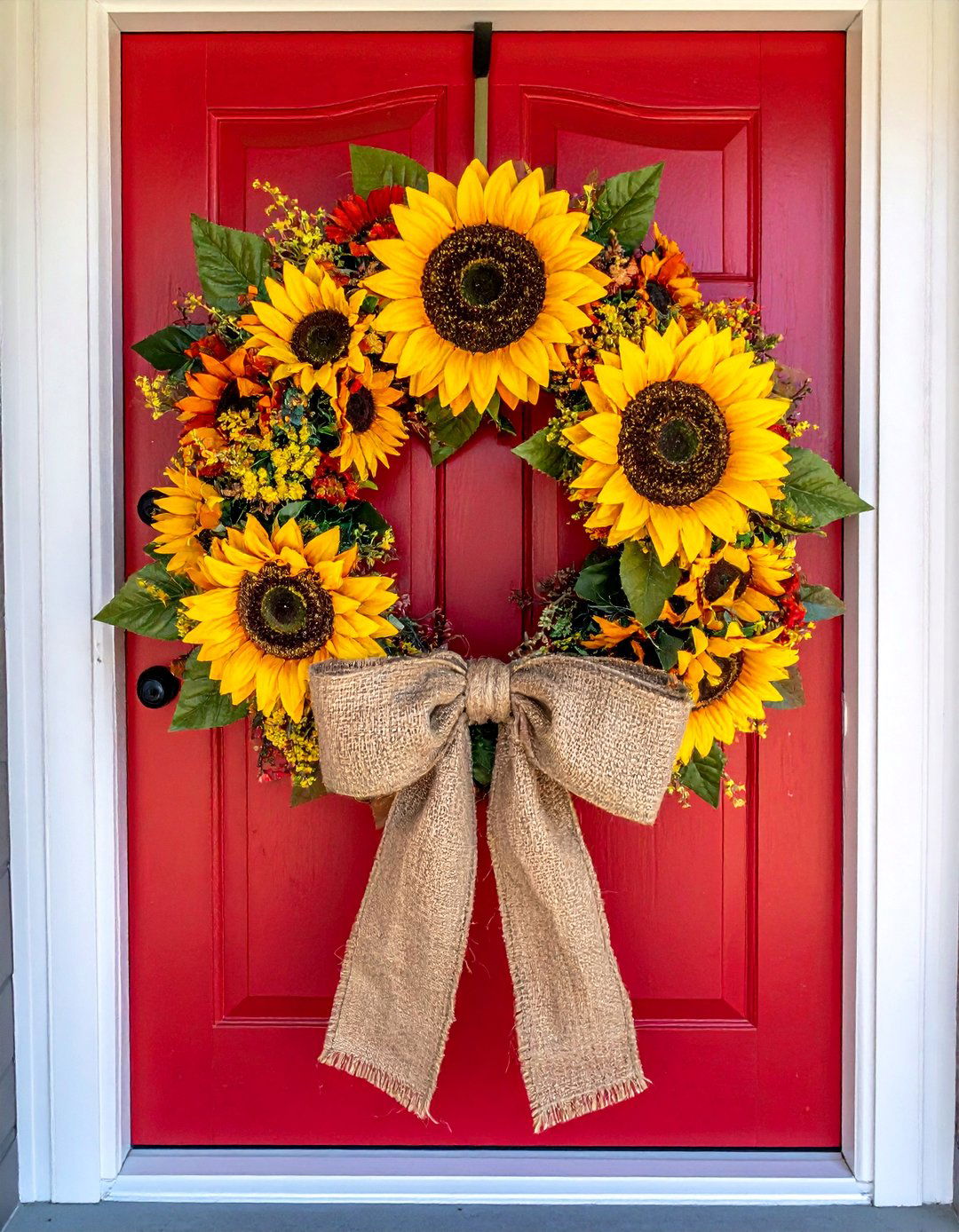 Sunflower and Burlap Ribbon Wreath - 20 Summer Door Decoration Ideas to Welcome Guests