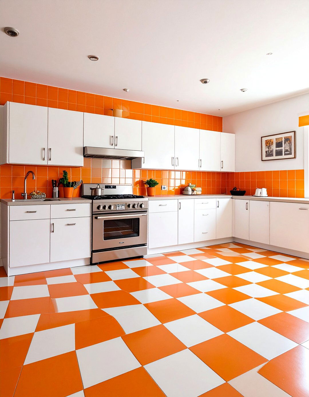 Sunny Orange and White Checkered Floors - 25 Kitchens With Checkered Floors for Timeless Style