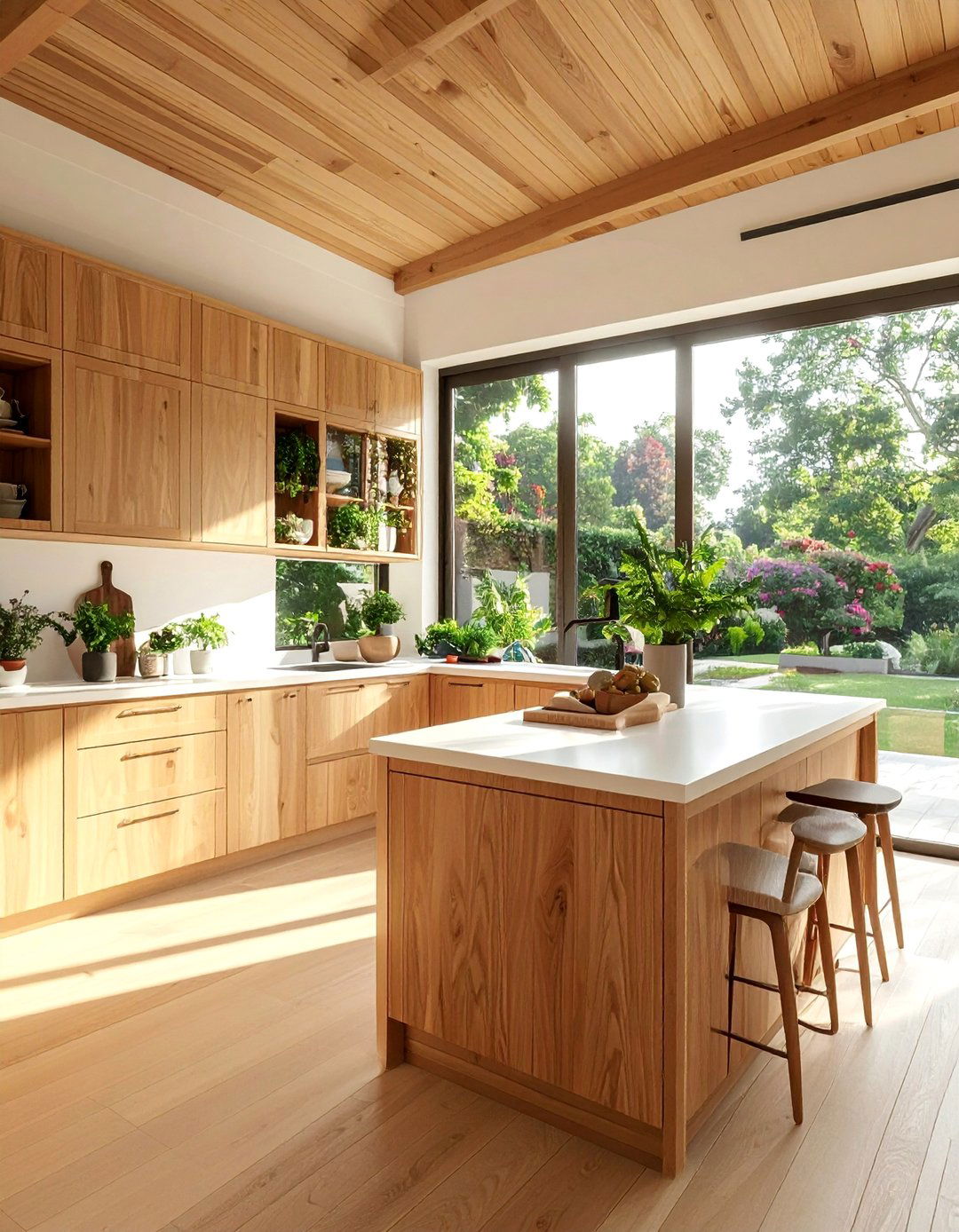 Sunroom Kitchen with Natural Wood Cabinetry - 15 Sunroom Kitchen Ideas for a Bright and Airy Space