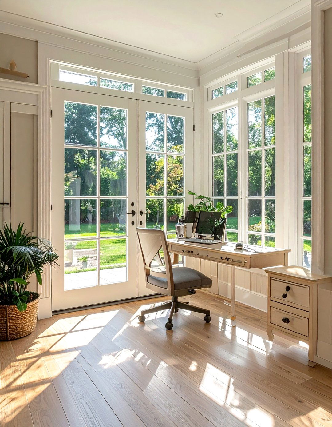 Sunroom Office with French Doors for Privacy - 20 Sunroom Office Ideas for a Productive and Inspiring Workspace