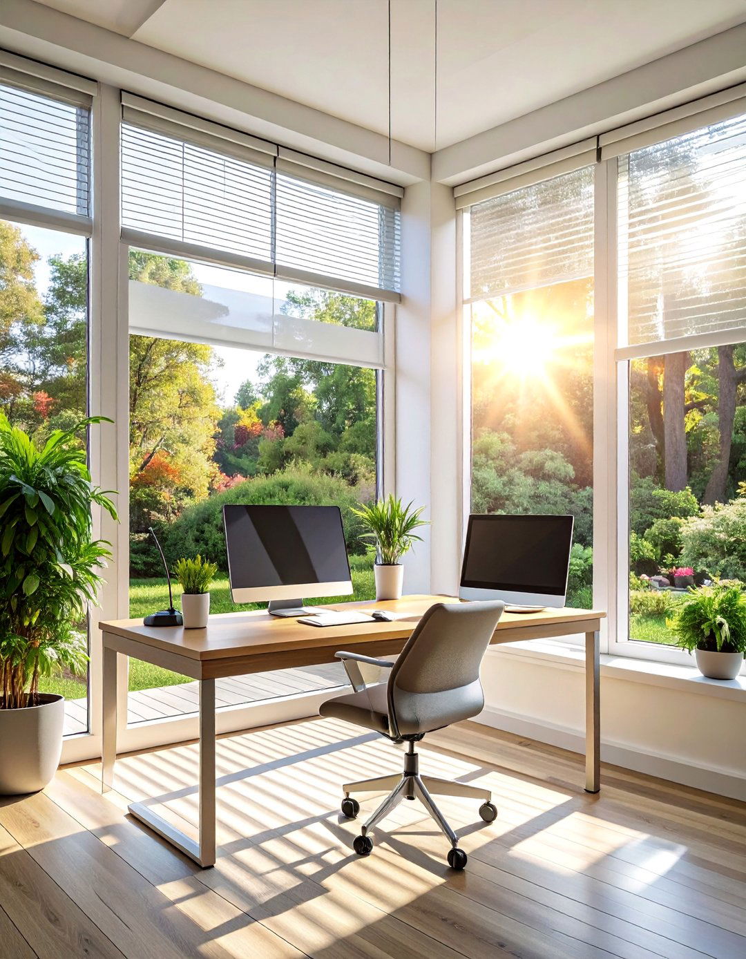 Sunroom Office with Motorized Blinds for Light Control - 20 Sunroom Office Ideas for a Productive and Inspiring Workspace