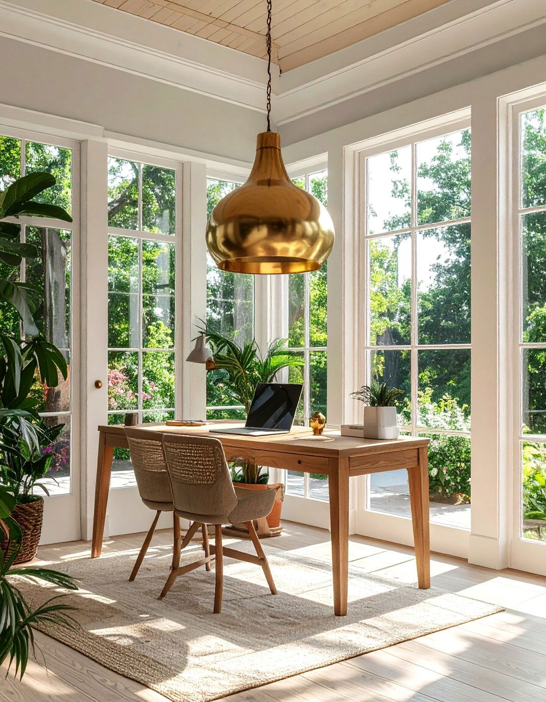 Sunroom Office with a Statement Pendant Light - 20 Sunroom Office Ideas for a Productive and Inspiring Workspace