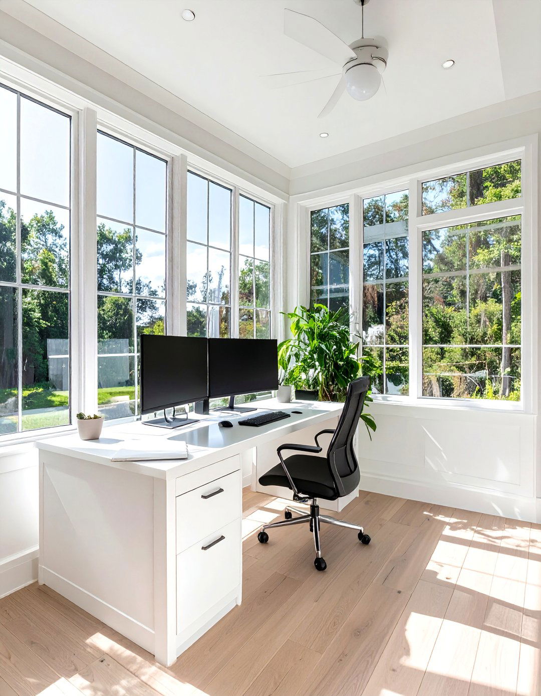 Sunroom Office with an L Shaped Desk for Dual Monitors - 20 Sunroom Office Ideas for a Productive and Inspiring Workspace