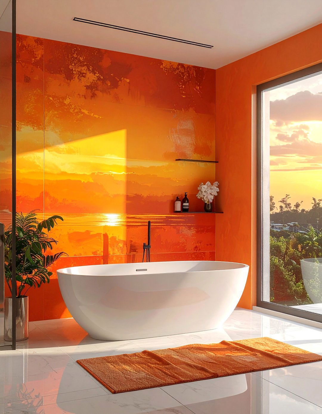 Sunset Inspired Orange Gradient Bathroom Wall - 15 Orange Bathroom Ideas for a Vibrant Makeover